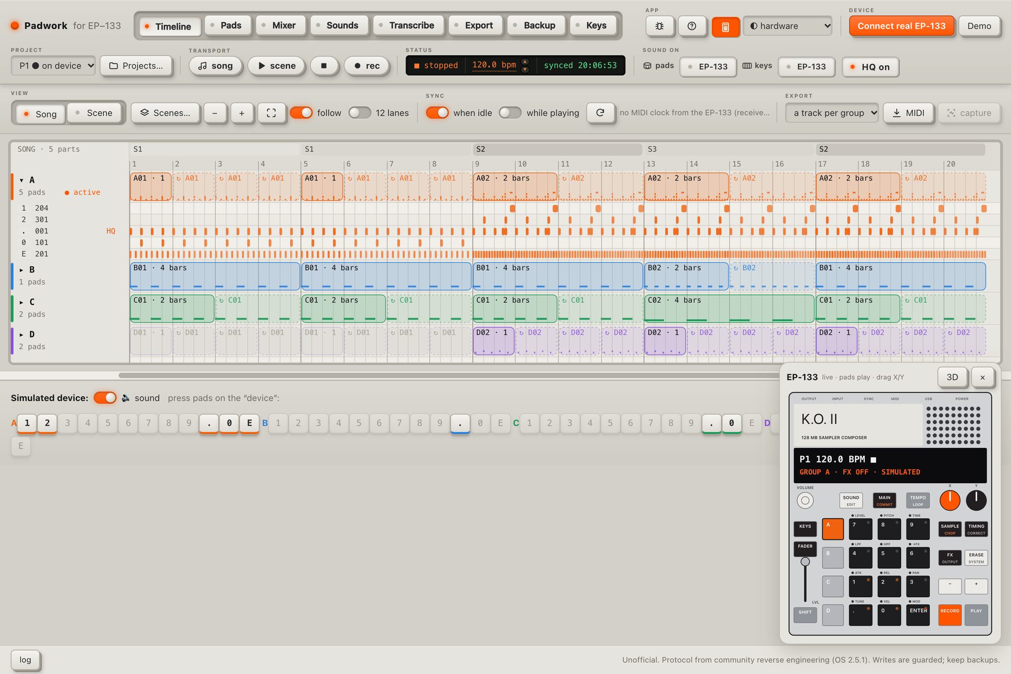 Padwork: the EP-133's song on a timeline, its pads and a drawing of the device