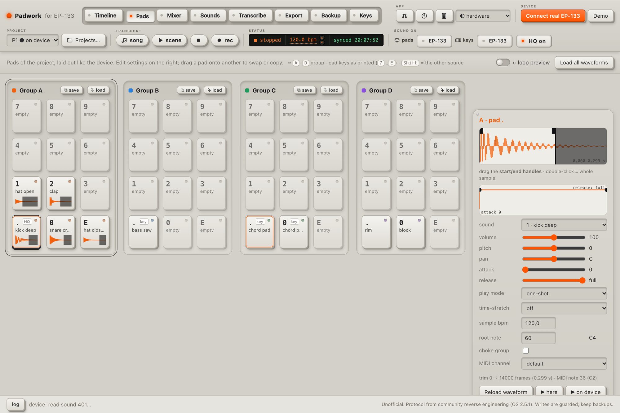 Pads of the EP-133 with their samples and settings