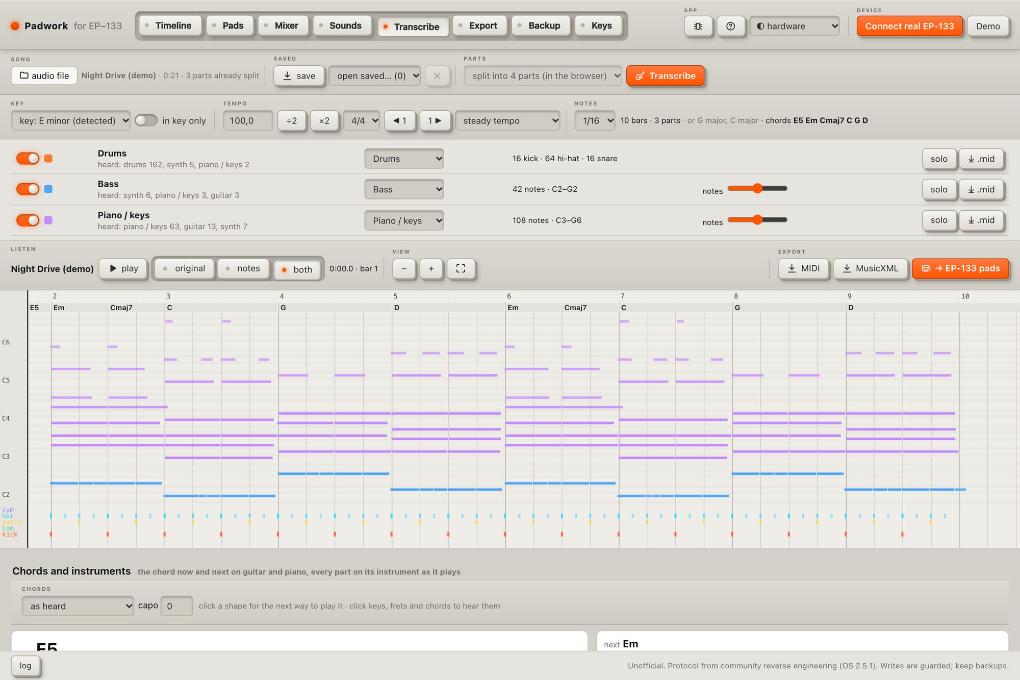 Transcribe: parts, notation and tab of a song
